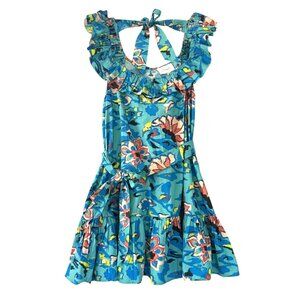 New Cleobella Rina 100% Cotton Floral Ruffle Mini Dress Calypso Blue XL